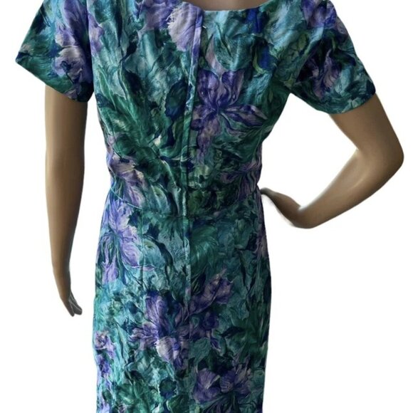 Vintage Isabell Gerhart Houston Dress Green Purple Floral Print Draped Cocktail - Picture 7 of 10